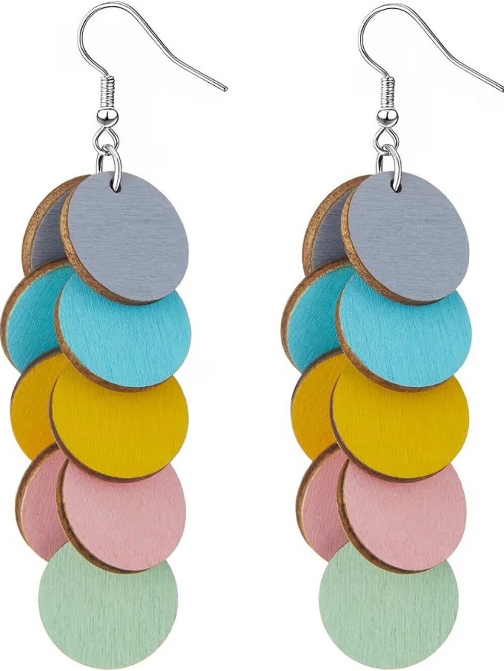 Bohemian Wooden Layered Disc Dangle Earrings Boho Round Drop Lightweight